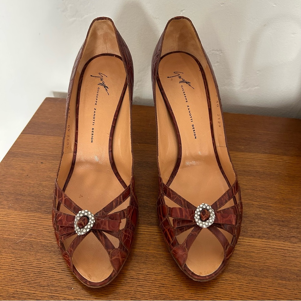 Giuseppe Zanotti Crocodile Crystal Peep Toe Heeled Sandal